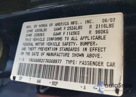 2007 Acura Tl 3.2 from USA, damaged, VIN 19UUA66217A048977